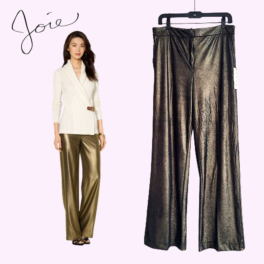 JOIE Metallic Gold Black Coated Wide Leg Trousers Size 6 NWT